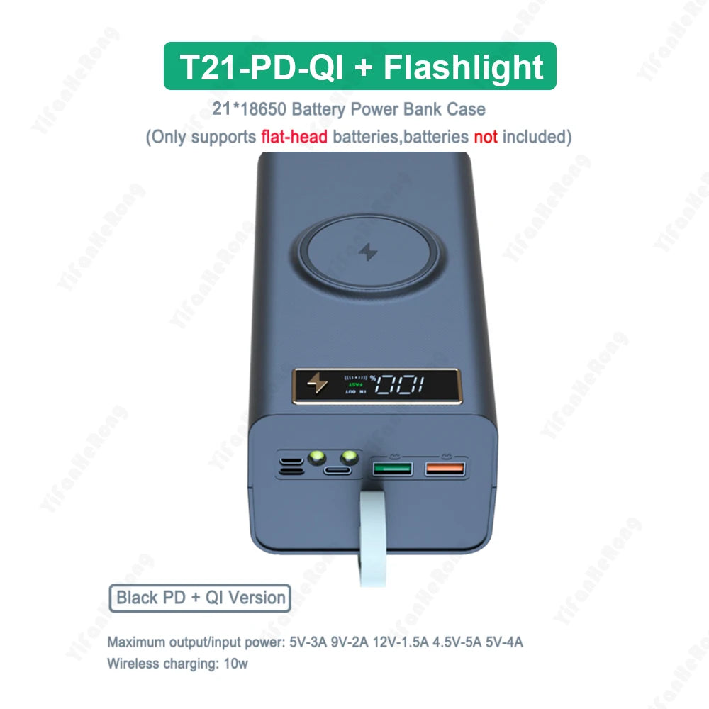 T21 18650 Battery Storage Case with Power Bank & Flashlight