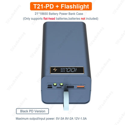 T21 18650 Battery Storage Case with Power Bank & Flashlight