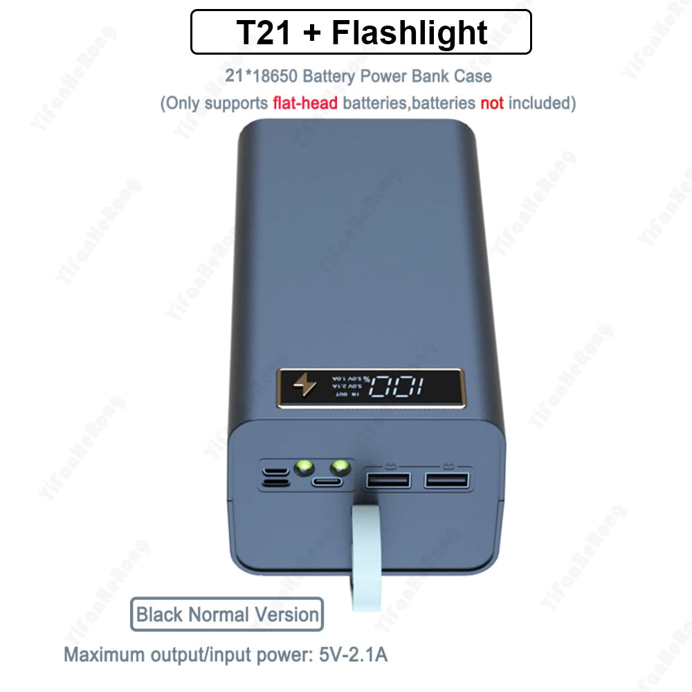 T21 18650 Battery Storage Case with Power Bank & Flashlight