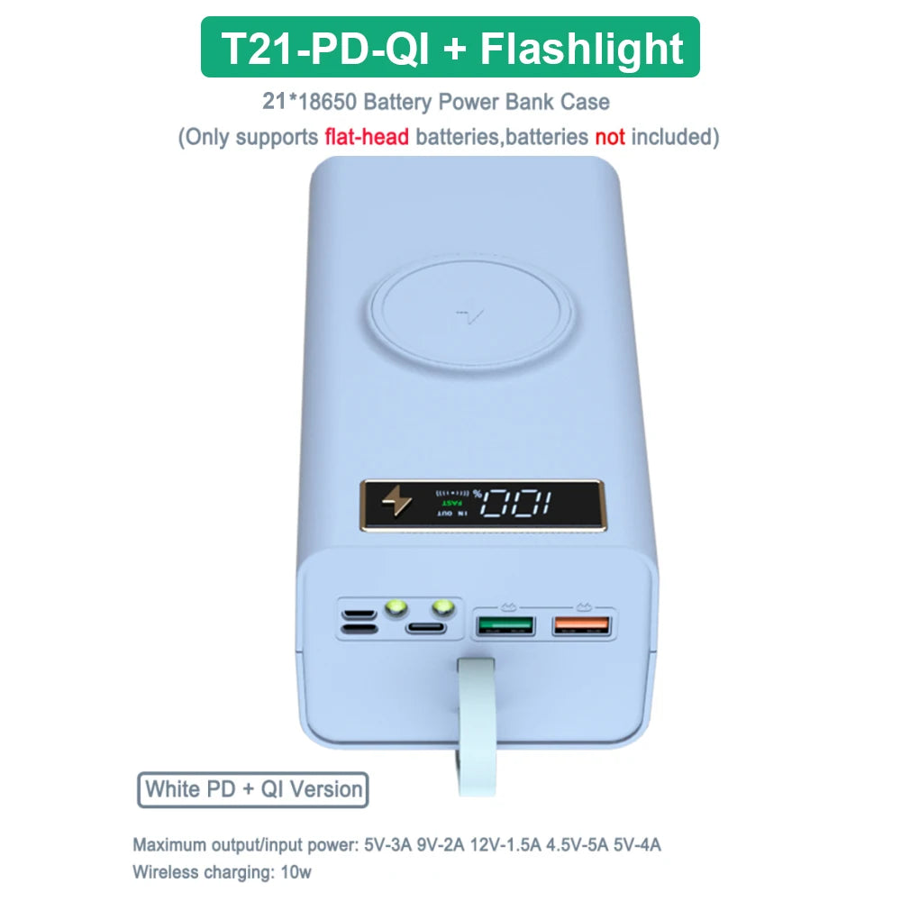 T21 18650 Battery Storage Case with Power Bank & Flashlight