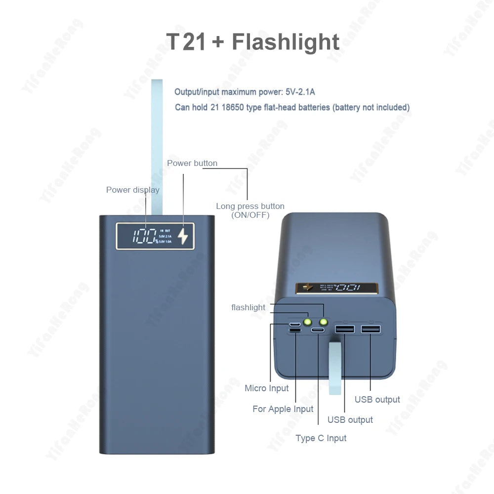 T21 18650 Battery Storage Case with Power Bank & Flashlight