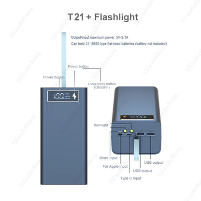 T21 18650 Battery Storage Case with Power Bank & Flashlight