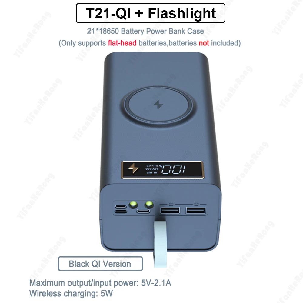 T21 18650 Battery Storage Case with Power Bank & Flashlight