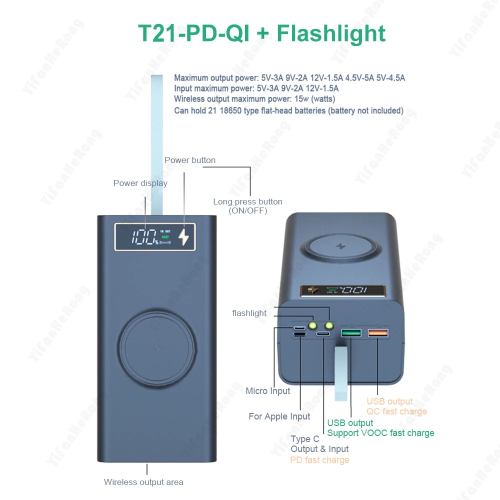 T21 18650 Battery Storage Case with Power Bank & Flashlight