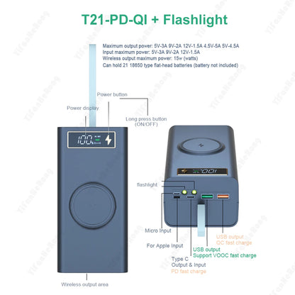 T21 18650 Battery Storage Case with Power Bank & Flashlight